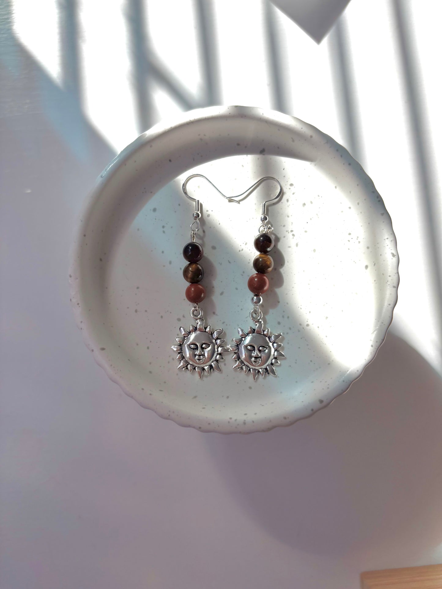 Red jasper, yellow tigers eye, and red tigers eye earrings